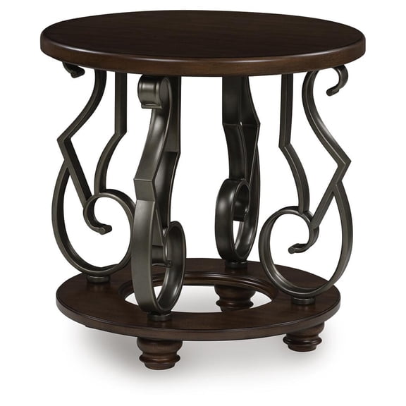 Signature Design by Ashley Frallyn Modern Round End Table with Faux Marble Top, 24" Diameter, Dark Brown