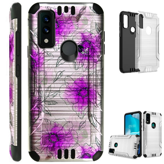 Compatible with AT&T Maestro 3 Brushed Metal Texture Hybrid Silver Guard Phone Case Cover (Watercolor Purple Flower)