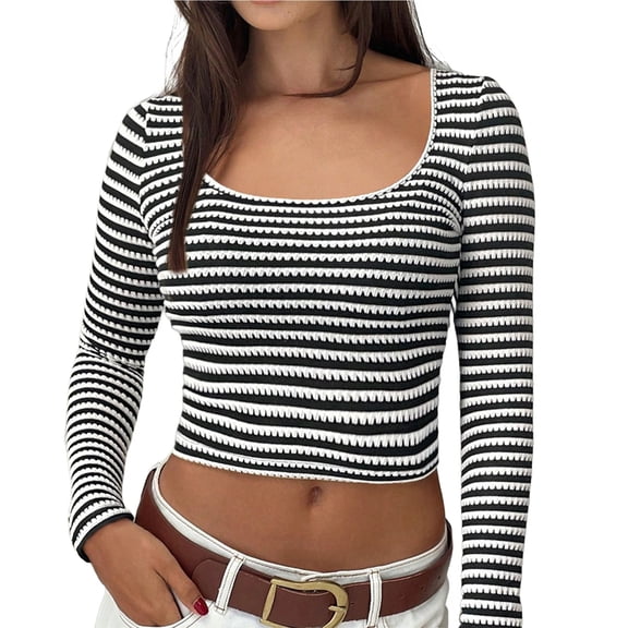 Women's Y2K Cropped Slim Fit U-Neck Long Sleeve Knit T-Shirt, Two Tone Striped Design Stretchy Comfortable Top for Casual Wear, Daily Outfits and Retro Fashion Style Black L