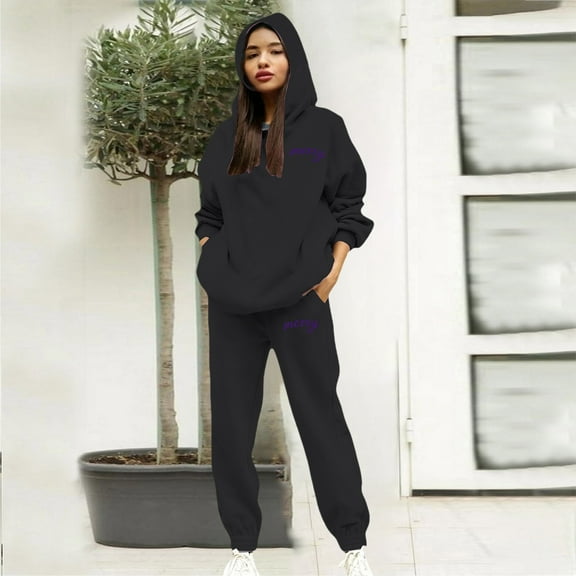 Women's Merry Print Hooded Sweatsuit Set, 2 Piece Loungewear Outfit, Cute Graphic Hoodie and Jogger Pants, Soft Fleece Tracksuit, Cozy Casual Matching Set Black L
