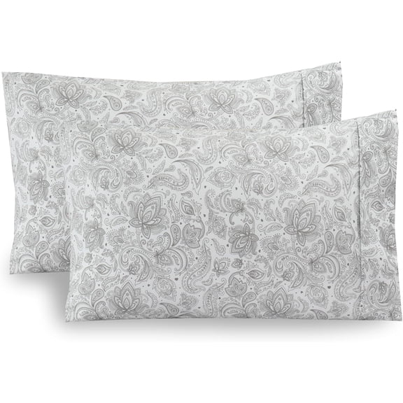 Ultra Soft Set of 2 Floral Print Pillowcases - 1500 Premium Hotel Quality Microfiber, Soft and Smooth Envelope Closure 2-Piece Pillow Covers - King, Paisley Gray