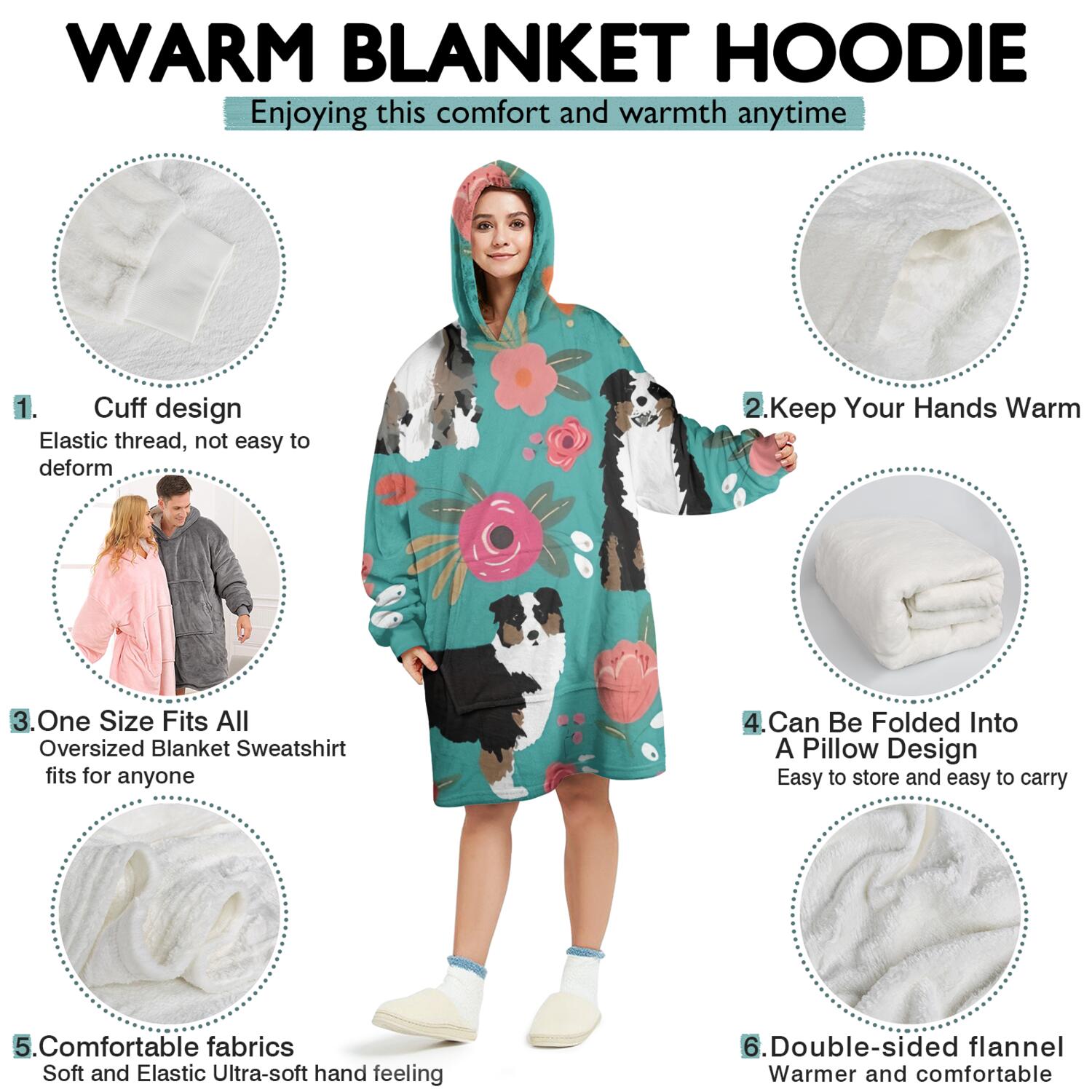 Wearable Oversized Blanket,Australian Shepherd Pioneer Flower Wearable Blanket Hoodie for Adults,Cozy Hooded Blankets with Super Pockets,Super Warm Fuzzy Pullover for Women & Men