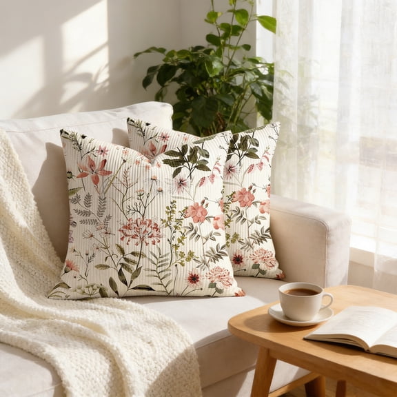 Throw Pillow Covers 18x18 Set of 2 Floral Print Decorative Pillow Covers Farmhouse Decor for Couch Sofa Living Room Bedroom, Watercolor Flower
