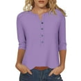 thumbnail image 3 of Loopsun Womens Fall Tops Plus Size, 3/4 Sleeve T Shirts for Women, Women's Casual Loose Button V Neck 3/4 Sleeve T-shirt Top Purple, XXXXXL, 3 of 5
