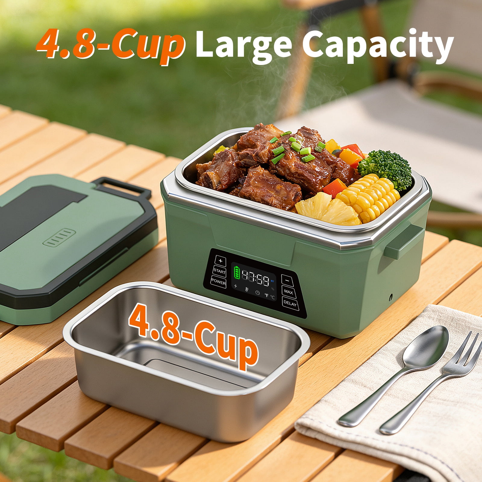 Vingud 80W Cordless Electric Lunch Box for Adults, APP Control Heated Lunch Box Food Warmer 9000mAh Rechargeable Self Heating Lunchbox for Office&Outdoor, Christmas White Elephant Gifts