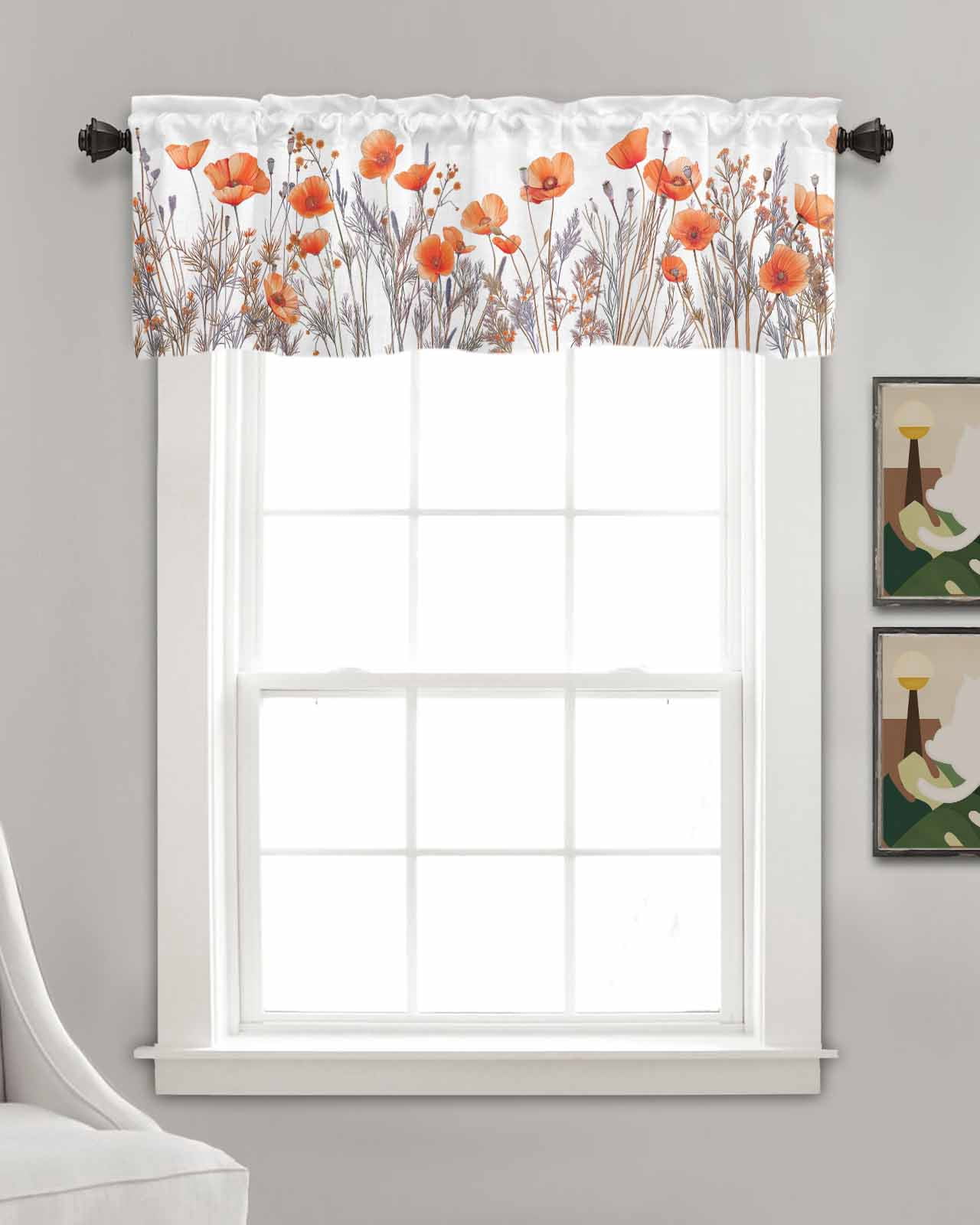Orange Flower Linen Curtain Valance for Bedroom/Bathroom/Kitchen/Office/Living/Dining Room Window,Pastel Botanical Floral Leav Herb Pocket Topper Drapes Decorative Cafe Drapery Panel 54"x18"