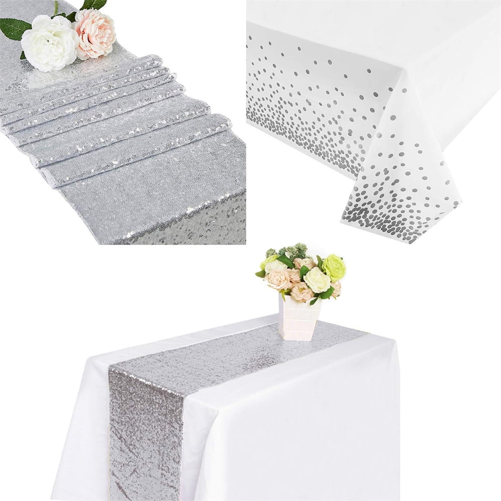 ZOELNIC Sequin Table Runner Glitter (12x108inch) Silver Plastic