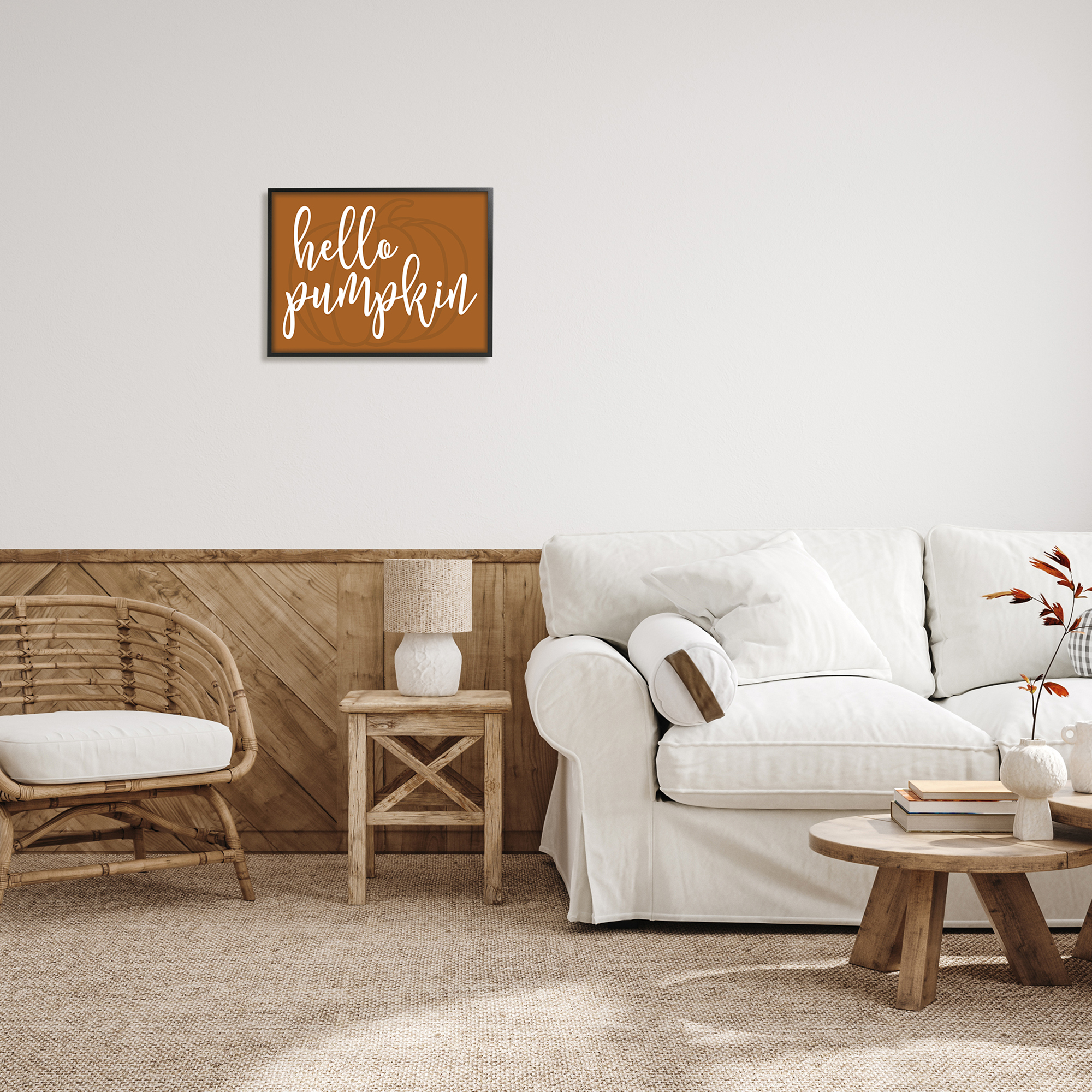 Hello Pumpkin Motif Romantic Autumn Script Phrase Inspirational Graphic Art Framed Art Print Wall Art