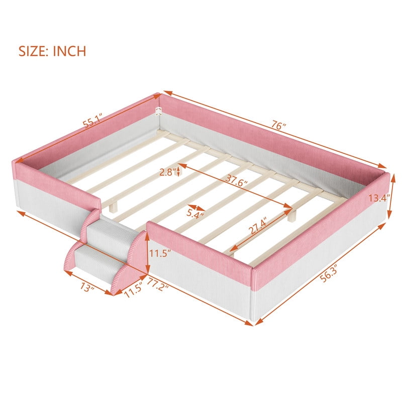 Full Size Corduroy Upholstered Floor Bed Frame with Fence, Kids Low-Profile Platform Bed with 2-Tier Steps & Smart LED Lights