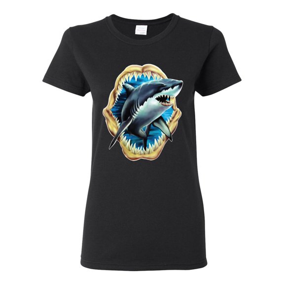 Ocean Shark Big Mouth Womens Graphic T-Shirt, Black, Small