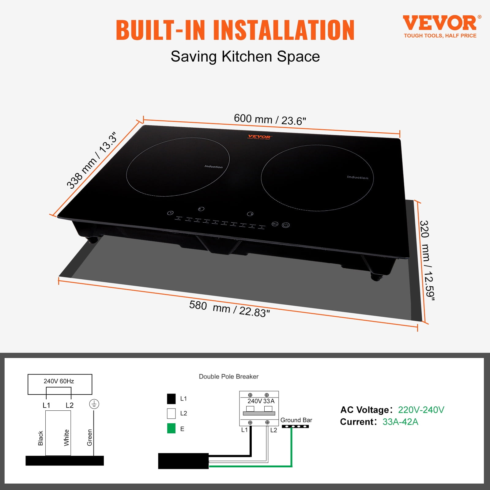 BENTISM 24 inch Electric Cooktop 2 Burners Ceramic Glass Stove Top Touch Control