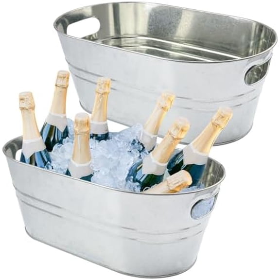 2 PCS 15.3 x 9 x 6 inches Silver Metal Galvanized Tub with Handles, 3 Gallon Galvanized Beverage Tubs for Parties, Large Metal Drink Ice Buckets for Beer, Wine, Cocktails & Outdoor Events$
