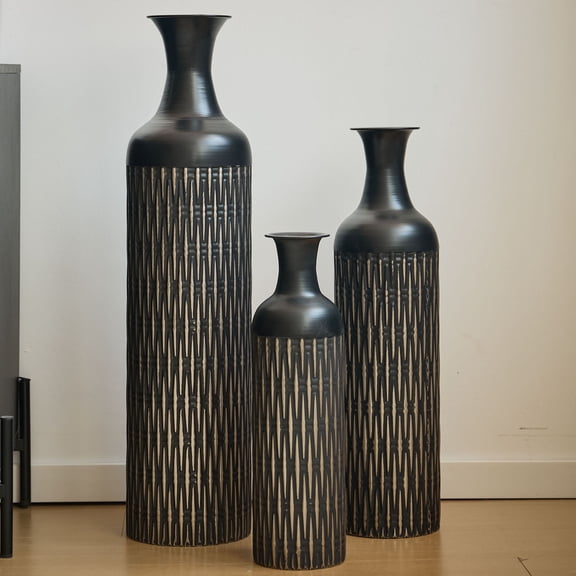 S-HOME Contemporary Decorative Metal Vases Set of 3 Matte Finish with Textured Pattern for Home & Event Decor 19.69 to 32.68 Inch, Black