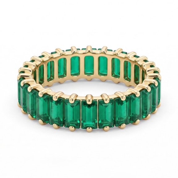 Baguette Cut Emerald Eternity Ring, Stackable Minimalist Promise Ring, 925 Sterling Silver May Birthstone Handmade Ring, Matching Band Ring
