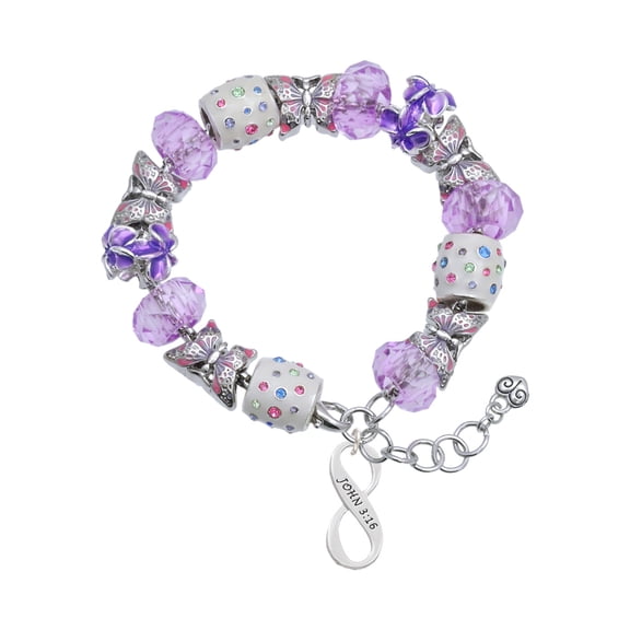 Delight Jewelry Silvertone John 3:16 Infinity Sign Purple Butterfly Bead Charm Bracelet, 7" 1" Extender