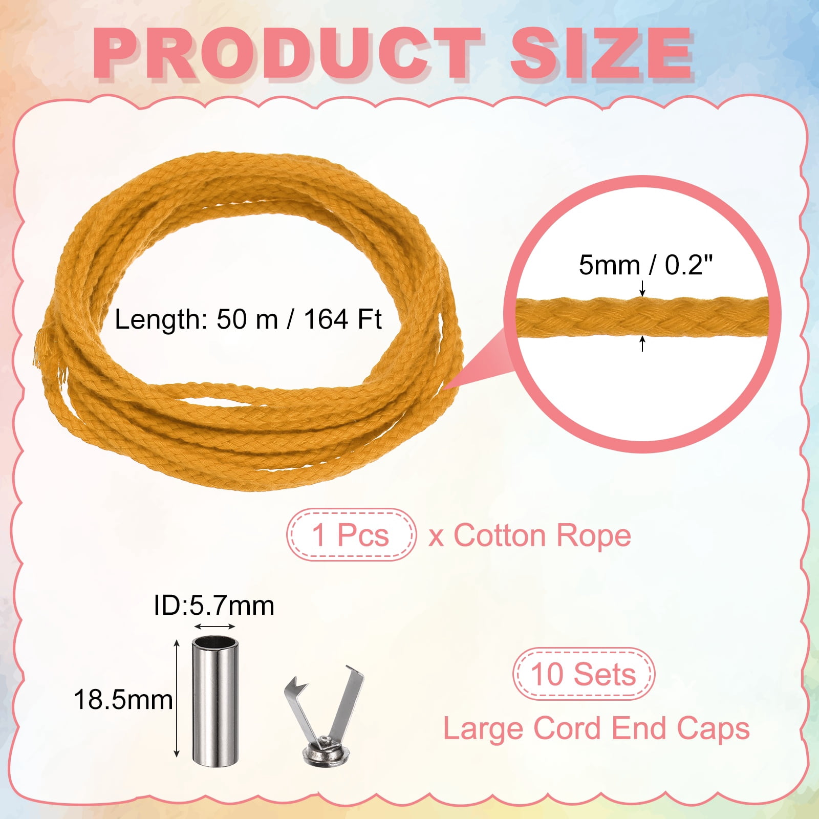 Braided Macrame Cord, 3/16" x 164ft 8 Strand Cotton Rope Braided String with Cord End Caps for Drawstring, Plant Hanger Wall Hanging, Dream Catcher Crafts, Yellow