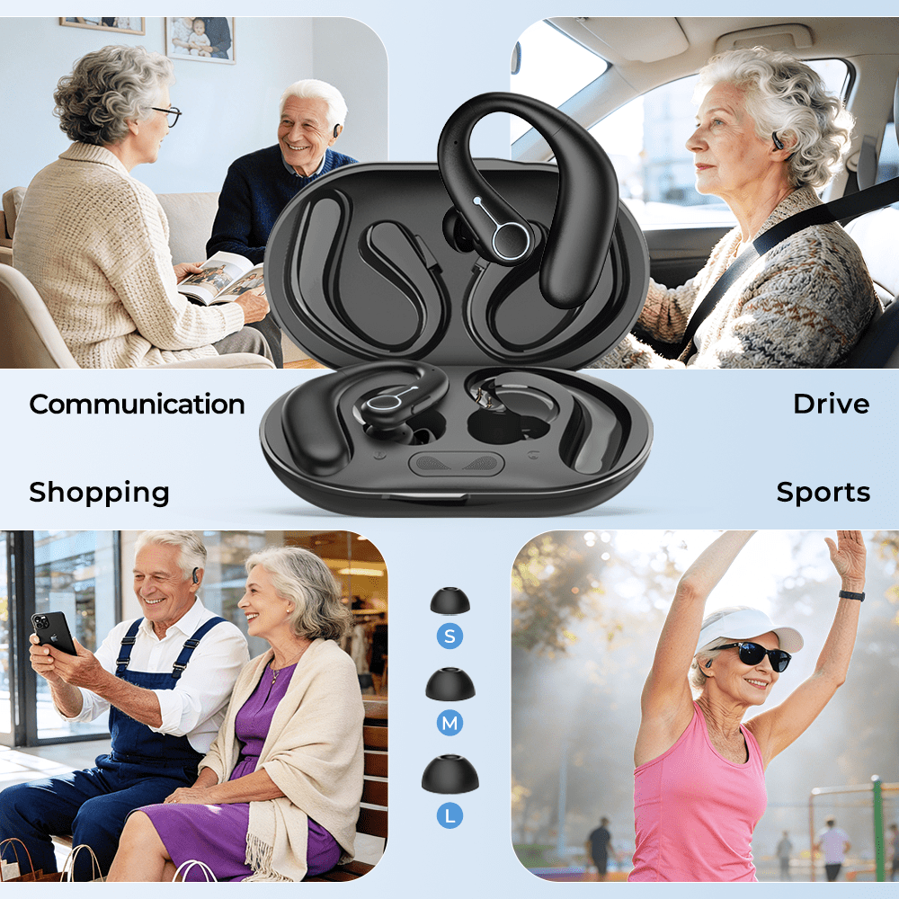 VOULAO F Open Ear Bluetooth Headphones, Rechargeable Wireless Earbuds with Clear Sound Enhancement and Noise Reduction for Seniors