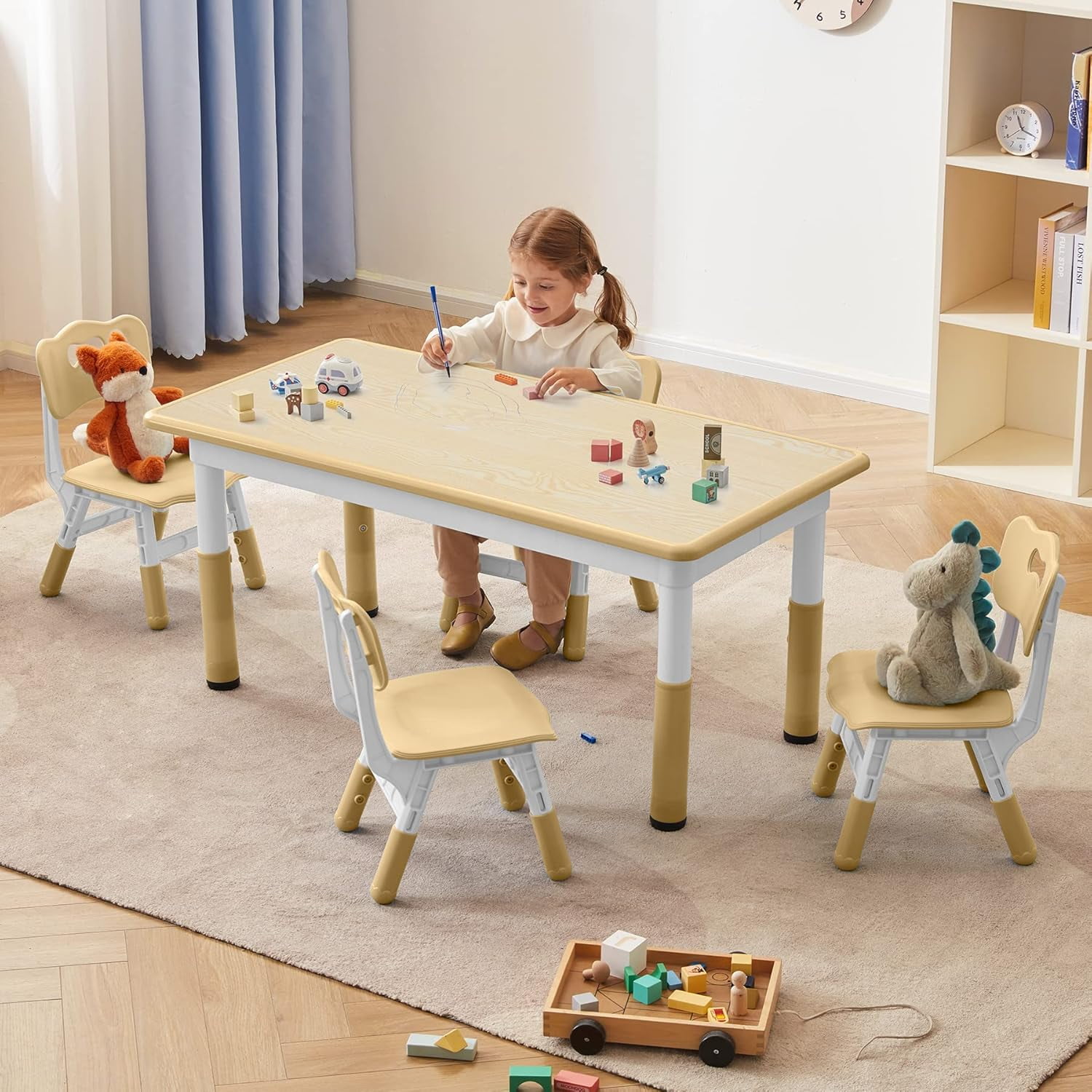 AINUO Toddler Table and Chairs Set of 4, 47.2"L x 23.6"W Height Adjustable Kids Study Activity Table with Graffiti Desktop, Ideal for Home, Daycare, Classroom