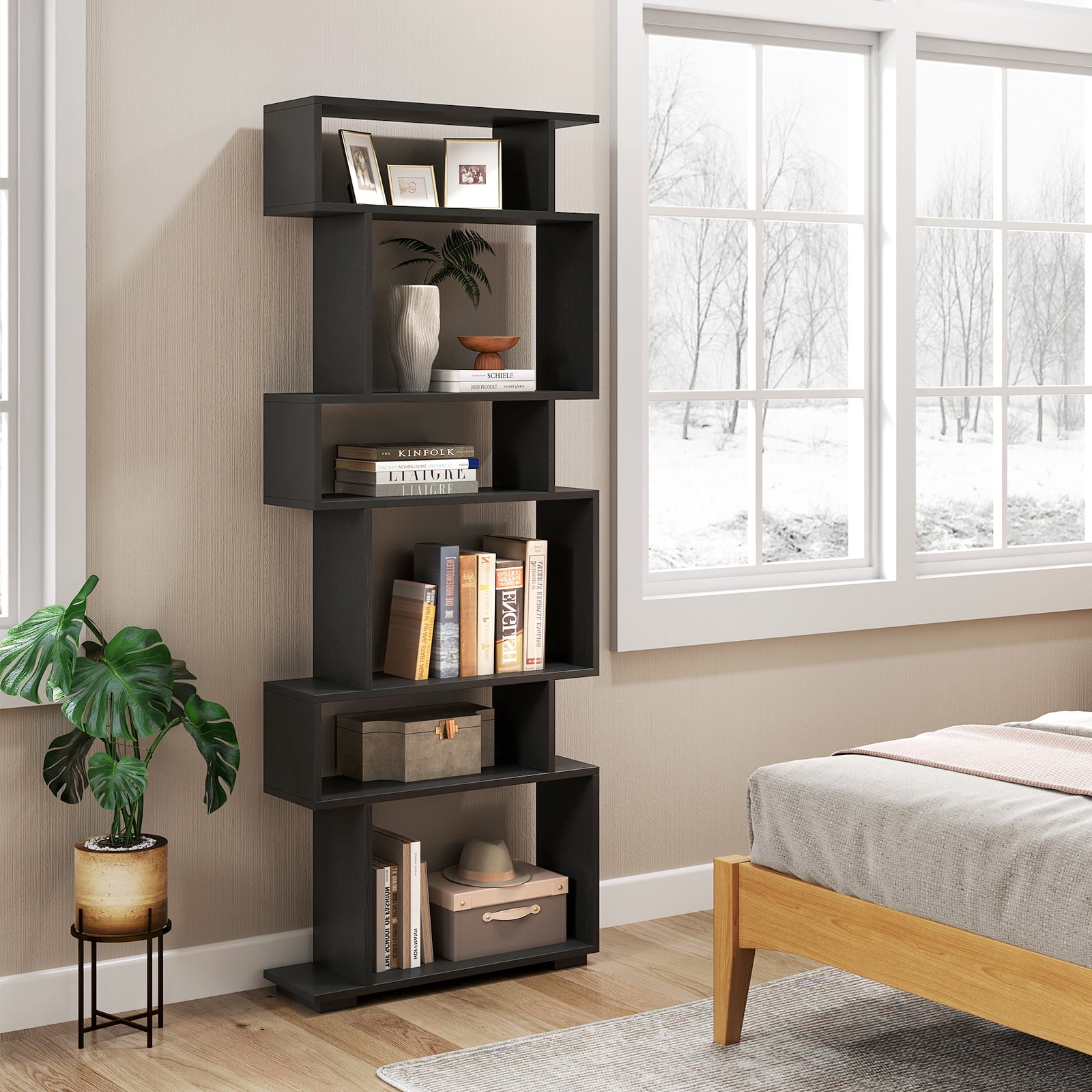 Costway 6-tier Storage Bookshelf S-shaped Geometric Bookcase with Anti-toppling Kits Black