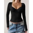 thumbnail image 4 of Camisetas de Larga con Cuello en V para Mujer, Top Corto con Doble Forro y Copa con Costura, Tops para Salir Negro M, 4 of 7