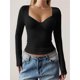 thumbnail image 4 of Camisetas de Larga con Cuello en V para Mujer, Top Corto con Doble Forro y Copa con Costura, Tops para Salir Negro S, 4 of 7