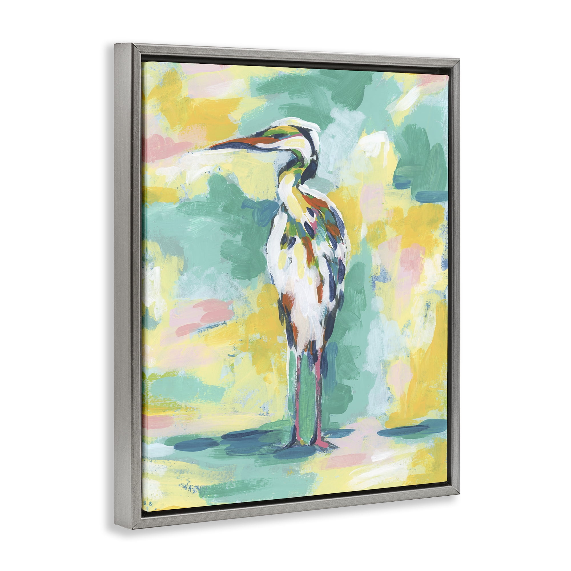 Stupell Industries Blue & Yellow Crane Animals Painting Gray Floater Framed Canvas Art Print Wall Art, 17 x 21