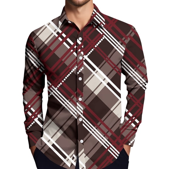LTTVQM Mens Button Shirts Plaid Graphic Loose Fit T Shirts Regular Fit Long Sleeve Tunic Tops Collar Spring Summer Trendy Blouse Wine 3XL