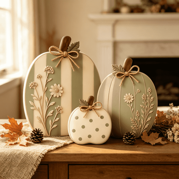 Sage & Cream Raised Wildflower Solid Wood Pumpkin Trio, Fall Decor, Fall Pumpkin Decor, Wooden Pumpkin Tabletop Decor, Rustic Wildflower Series, Raised Relief Wood Craft, Cream Green, 3 Pack, A