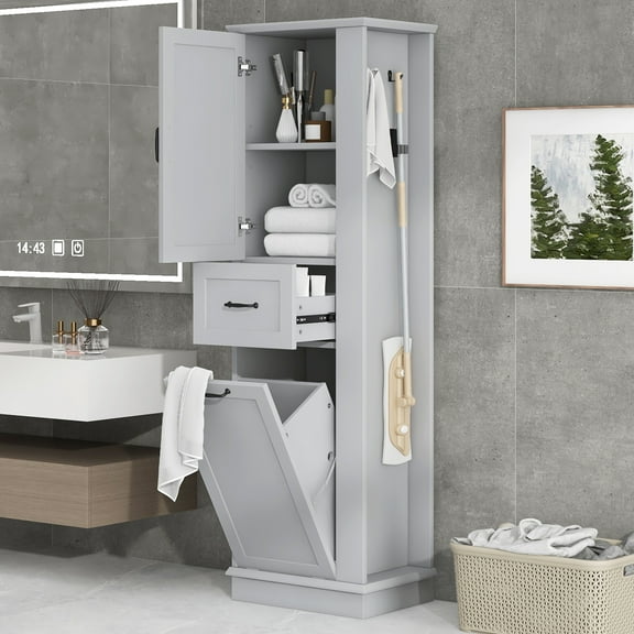 67.8"H Bathroom Storage Cabinet with Laundry Hamper, Wooden Bathroom Pantry Cabinet with 2 Hooks and Adjustable Shelf for Living Room, Gray