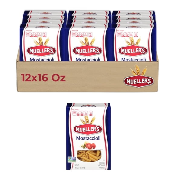 Mueller’s Smooth Mostaccioli (12-Pack, 16 oz Each) – Italian-Style Pasta – This tube-shaped pasta has a smooth texture that pairs perfectly with your favorite sauces.