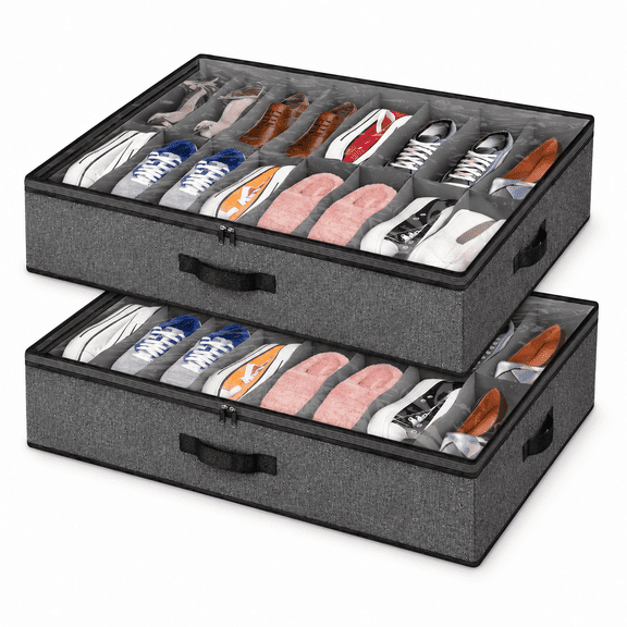 HAWQP 2 Pack Under Bed Shoe Storage Organizer, Fits Up to 32 Pairs, Foldable Underbed Shoe Storage Containers with Clear Zipper Cover and Handles for Closet, Bedroom, Dorm and Shoe Organization