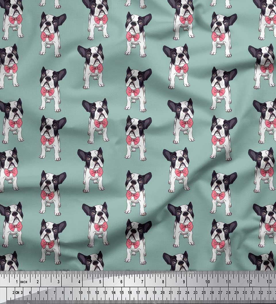 Soimoi Cotton Cambric Fabric Bow & Boston Terrier Dog Print Fabric by The Yard 42 Inch Wide