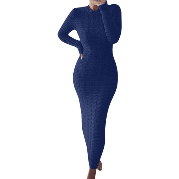 DHFJKG Womens Sweaters Dress Knit Jacquard Solid Color Long Sleeve Crewneck Slim Fit Bodycon Maxi Dress Winter Ankle-Length Classic Dresses