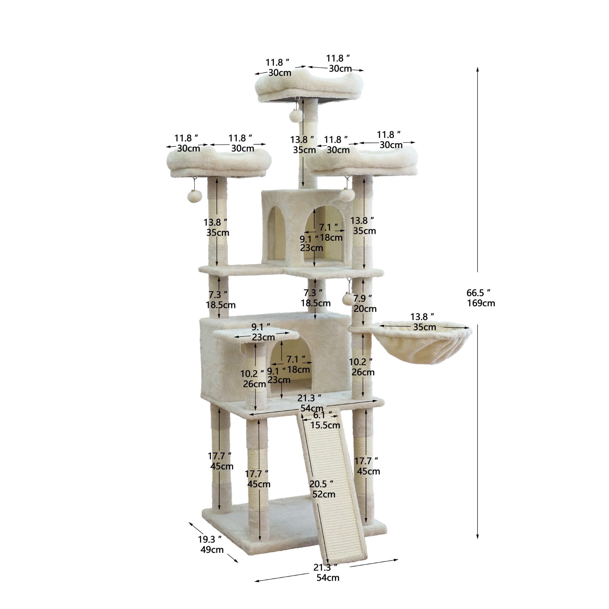 Vibrant Life Heavy Duty 7-Level 67" Cat Tree with Scratch Ramp, Hammock, and Two Condos, Beige