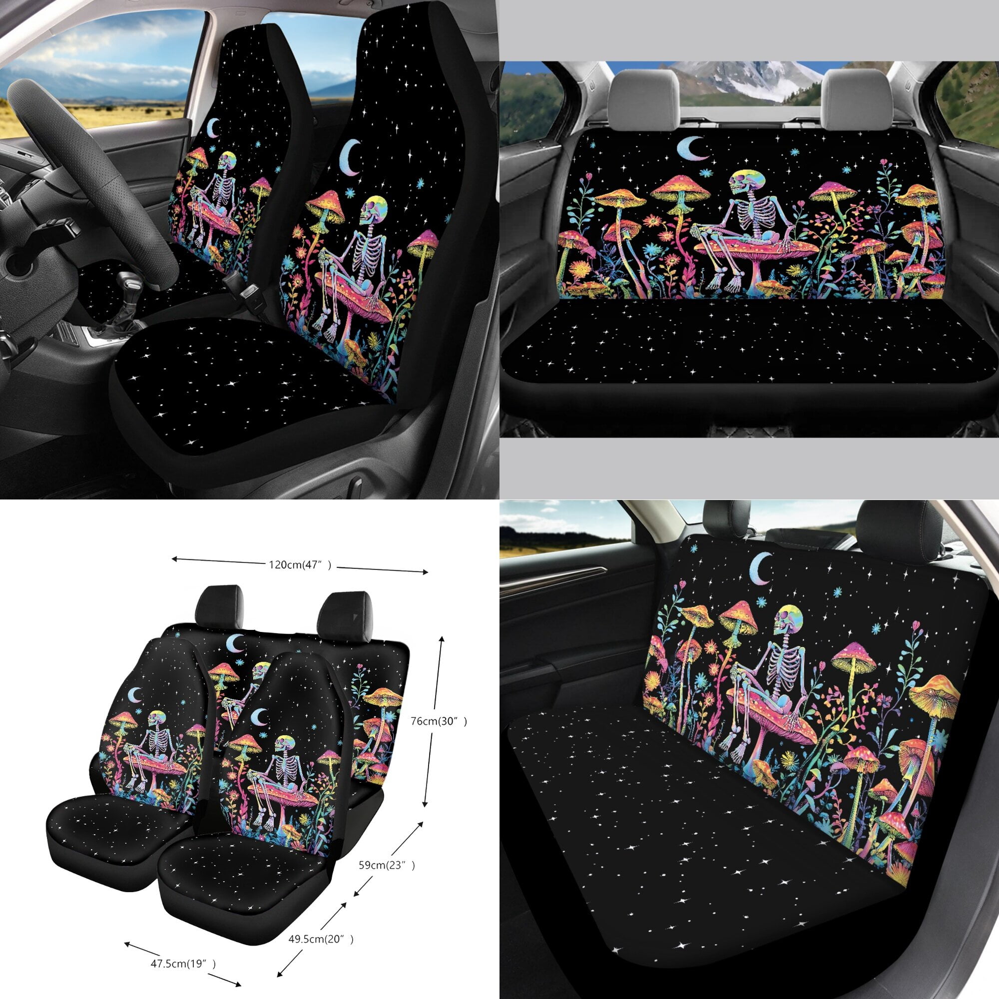 LedBack Skeleton Mushroom Print Auto Seat Covers Set Star Moon Print Front Back Seat Covers Steering Wheel Cover Seatbelt Pads Rearview Mirror Cover Trash Bag Universal Fit Most Cars