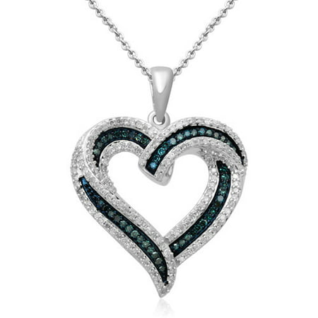 1/2 Carat T.W. Blue and White Diamond Sterling Silver Heart Pendant, 18