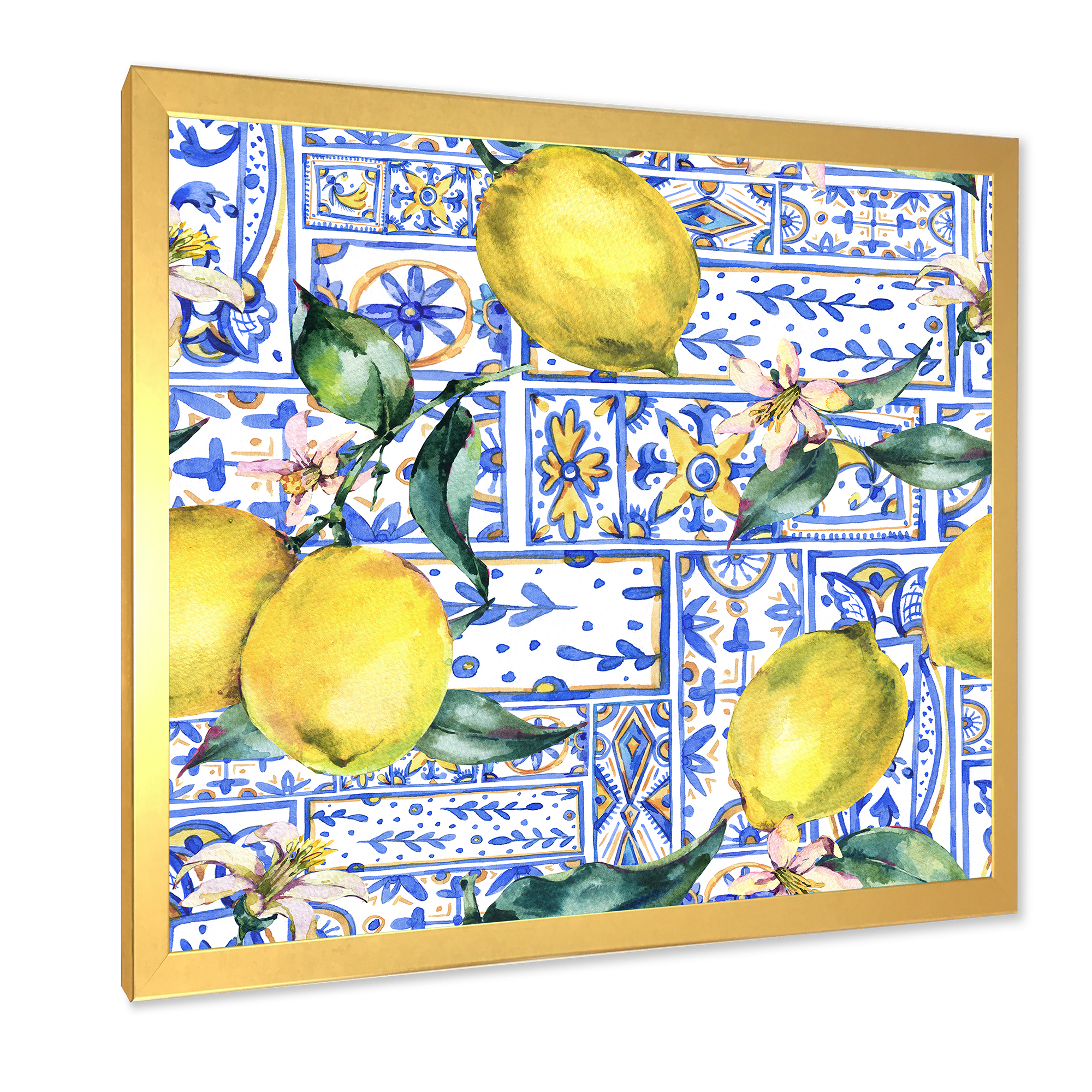Designart 'Geometrical Pattern of Lemon Ornament On Blue I' Tropical Framed Art Print