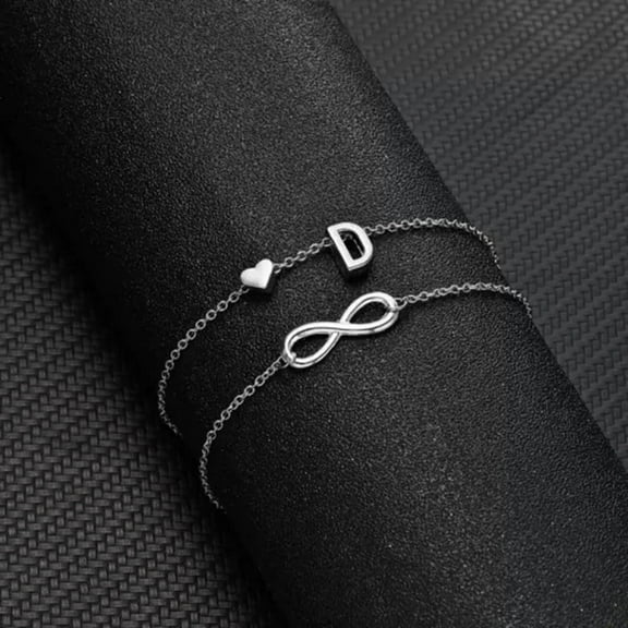 EOEMY 925 Silver 2 Layers A-Z Letter Initial Anklet Bracelet Charm Women Jewelry-D