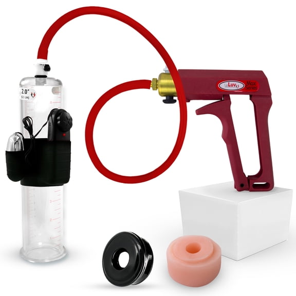 LeLuv® Premium Maxi Penis Pump w/ Red Handle, Silicone Hose | TPR Sleeve, Donut | 9" x 2.00" Vibrating Cylinder