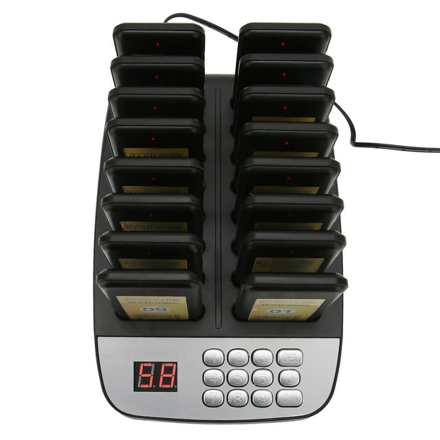 Restaurant Pager System 16, Strong Signal Independent Coding 100-240V Wireless Calling System Long Standby Time for Pizzeria for Restaurant US Plug