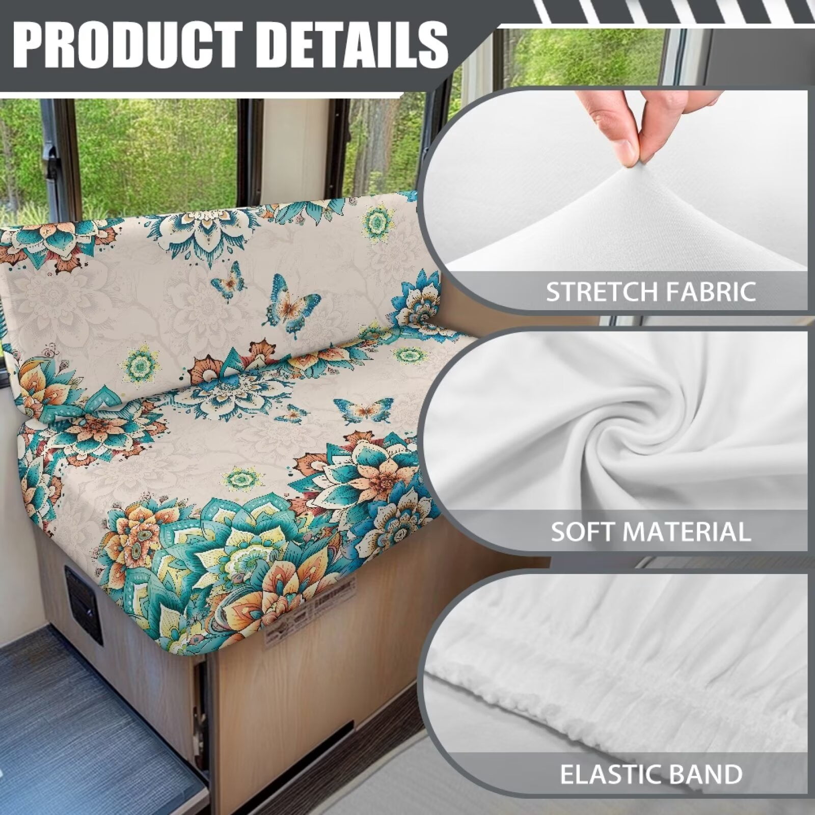 XYZCANDO Butterfly Floral RV Dinette Cushion Covers Universal Camper Accessories for Inside Sofa Covers Washable Washable Couch Cover 2 Cushion Sofa 1 Backrest Cover and 1 Bench Cover White