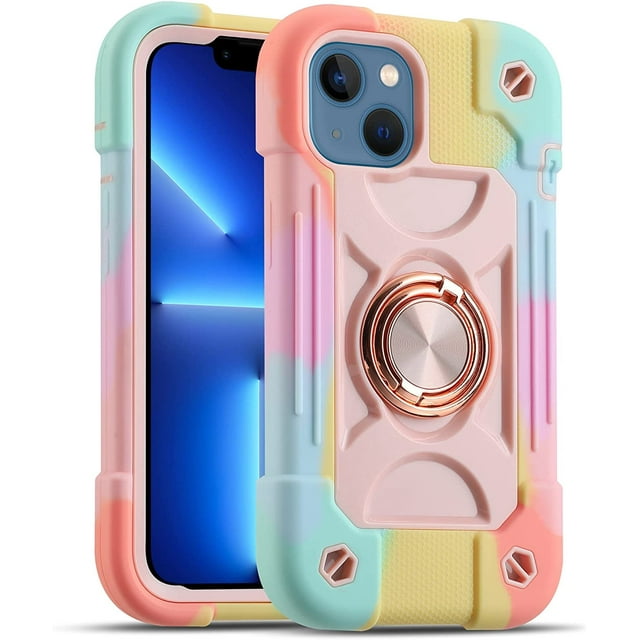 KOMI Compatible avec iPhone 14 Pro Max Étui 6,7 Pouces avec Support Anneau Rotatif à 360° Intégré, Protection contre les Chutes de Qualité Militaire Corps Complet Robuste et Lourd Étui de Protection Rose Arc-en-Ciel