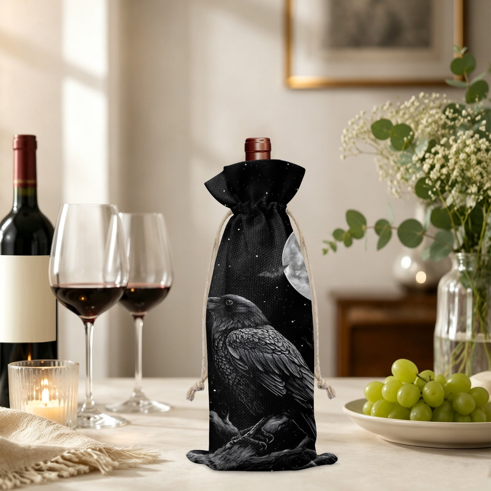 Halloween Crow Wine Bottle Bags 1Pcs Horror Night Moon Black Tree Branch Wine Bottle Cover with Drawstring Reusable Champagne Gift Bag for Party Wedding Holiday Birthdays Baby Shower Decor