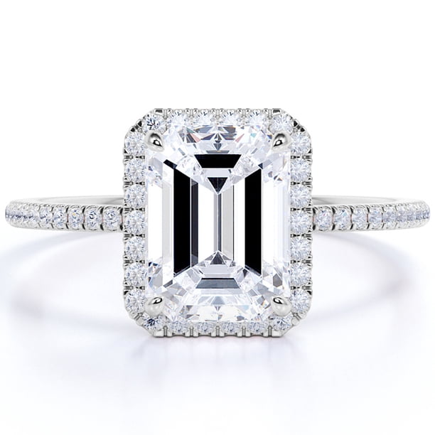 JeenMata Anillo de Compromiso Clásico con Halo de Talla Esmeralda de 1,75 Quilates en Oro Blanco de 18 K sobre Plata
