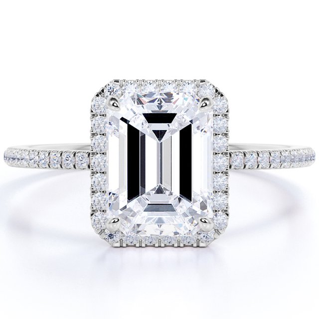 JeenMata Anillo de Compromiso Clásico con Halo de Talla Esmeralda de 1,75 Quilates en Oro Blanco de 18 K sobre Plata