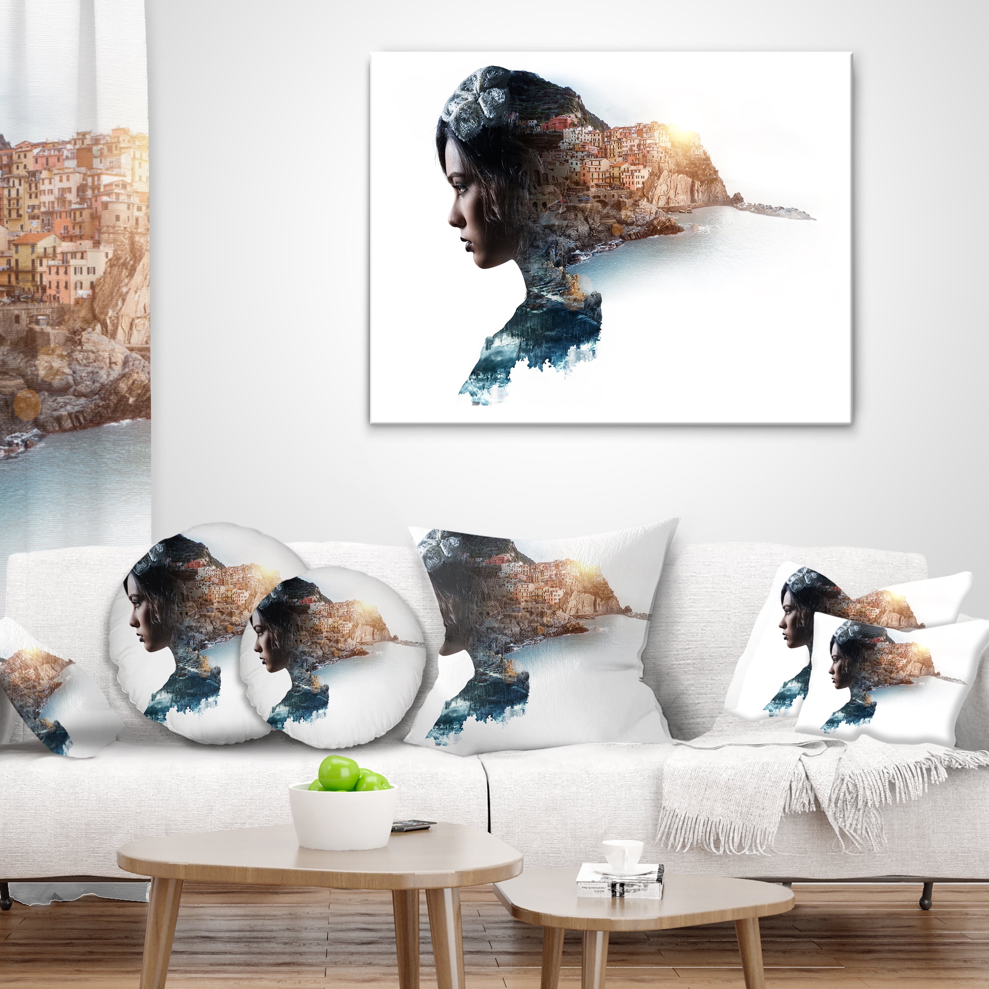 Designart Double Exposure Woman Portrait - Portrait Throw Pillow - 18x18