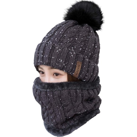 LCZTN Womens Pom Beanie Hat Scarf Set Girls Cute Winter Ski Hat Slouchy Knit Skull Cap with Fleece Lined