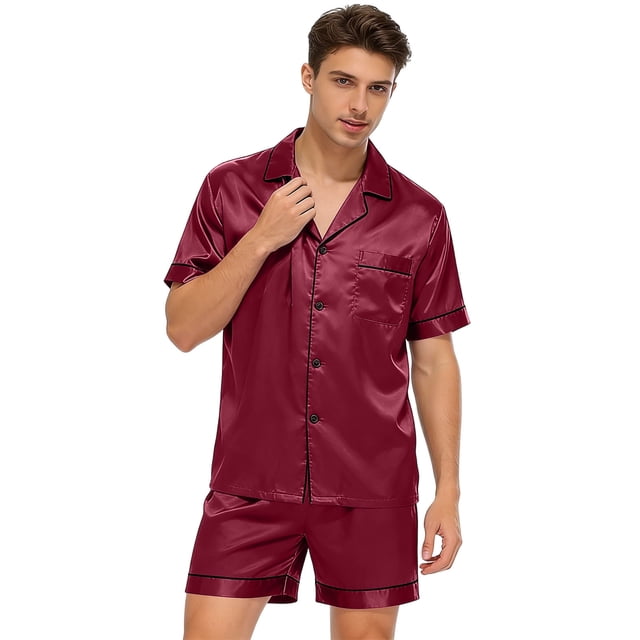 Mens Pijamas Color Sólido Hielo Seda de Manga Corta con Pantalones de Cuello de Cinco Puntos, Ropa de Dormir de Satén Conjunto para el Hogar
