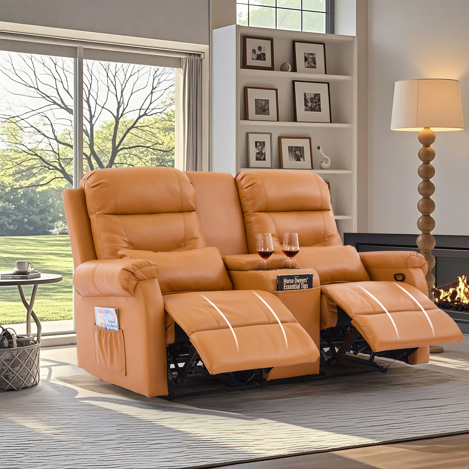 IPKIG Faux Leather Manual Reclining Loveseat with Console and Cup Holders, Orange