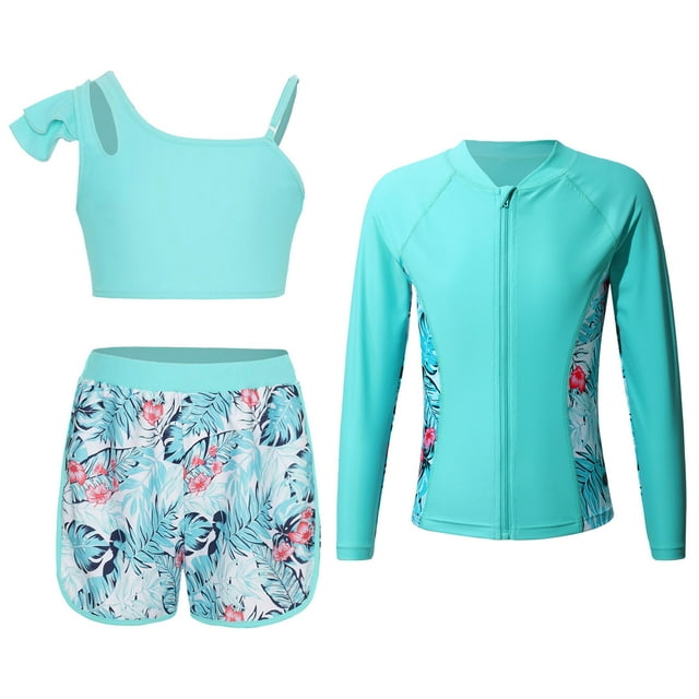 RUNQHUI Kids Girls Pcs Athletic Swimsuits Upf Rash Guard Coat Ruffles Crop Top With Bottoms Mint Green 6